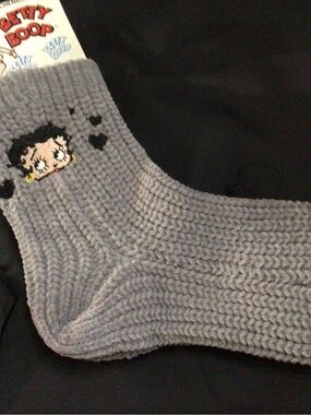 Betty Boop Light Gray Ribbed Crew Socks with Embroidered Motif